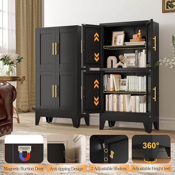 GAIOUS 47.25" Metal Storage Cabinet, Black Kitchen Food Cabinet with 4 Door | and 2 Adjustable Shelves, Freestanding Bathroom Cabinet, Pantry for Kitchen Dinning Room Bathroom, Cupboard, Food Storage