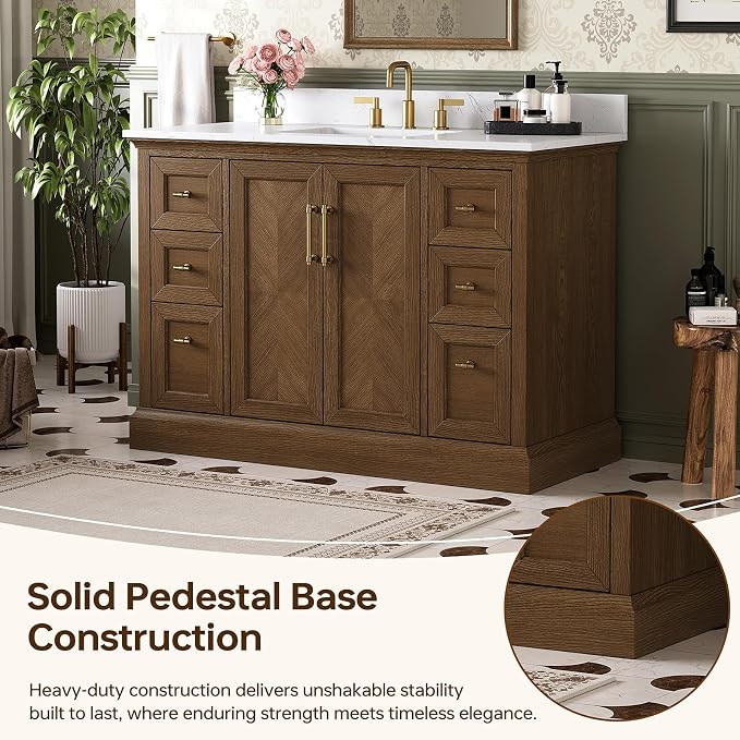 48 Inch Bathroom Vanity with Sink, Solid Wood, Walnut | Fully Assembled Freestanding Bathroom Vanity, Soft Close Parquet Doors & Dovetail Drawers, Vanity for Bathroom Renovation