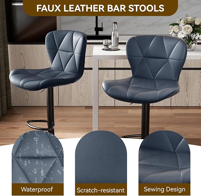 Nalupatio Modern Bar Stools Set of 2, Adjustable Faux Leather Upholstered Swivel Bar Stools, Counter Height Bar Chairs with Back for Kitchen Island, Dark Blue