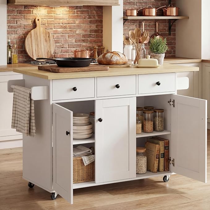Kitchen Island Cart on Wheels with Drop Leaf & Storage - 45" Rolling Kitchen Cart with Locking Casters, 3 Drawers, 2 Cabinets & Towel Rack, Light Oak Top, White Farmhouse Style