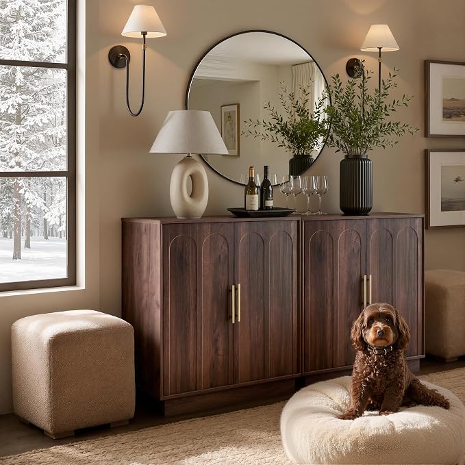 FORTUNETEC 31.5" Wine Bar Cabinet, Mid Century Modern Sideboard, Walnut