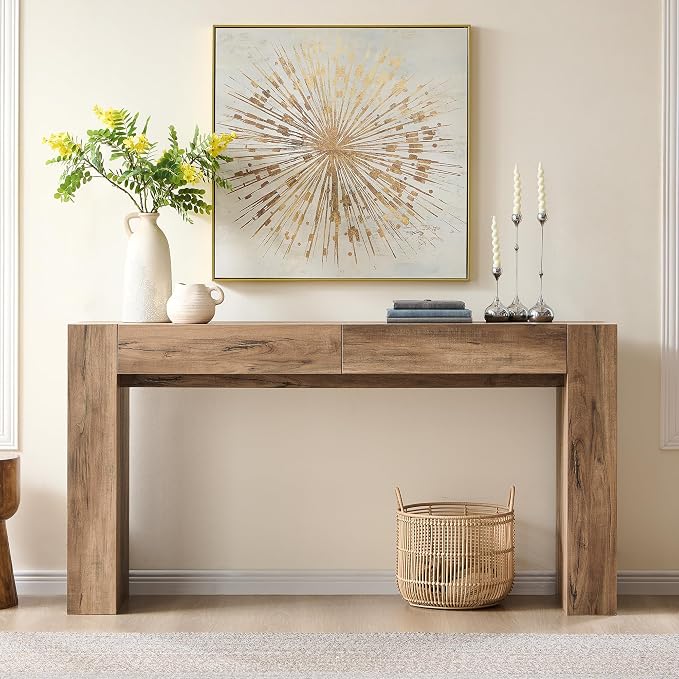 OKD 63" Console Table with Drawers, Thick Block Entryway Table, Rustic Oak