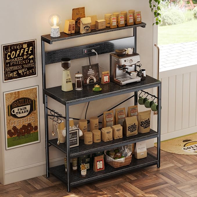 SUPERJARE Bakers Rack with Power Outlets, Microwave Stand, 39.4 X 14.3 Inch Larger Desktop, Kitchen Storage Rack with Adjustable Middle Shelf, 6 S-Shaped Hooks, Coffee Bar Stand, Black