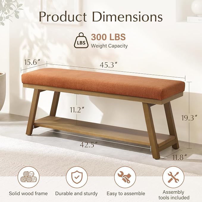 Zihanhome 45" Entryway Bench Upholstered Storage Bench for Bedroom(Orange)