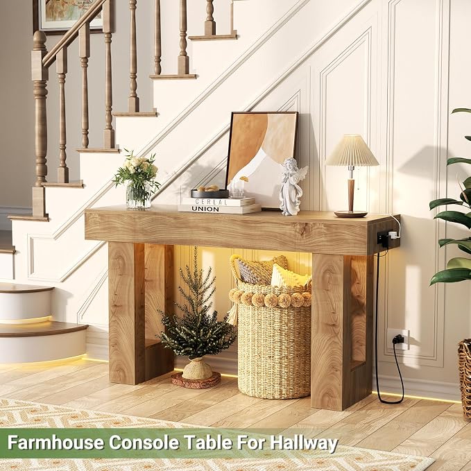 Unikito 47" Entryway Table with Socket & Sensor Light, Natural Oak