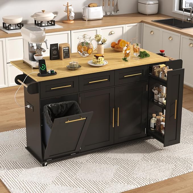 St.Mandyu 69" Large Kitchen Island on Wheels, Kitchen Rolling Island Cart with Trash Storage Cabinet, Power Outlet, 3-Tier Pull-Out Storage Trays, Drop Leaf, Mobile Island Table for Kitchen, Black