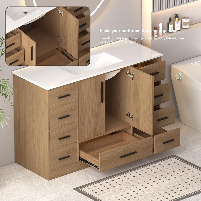 LUMISOL 48 Inch Bathroom Vanity with Sink, Freestanding Bathroom Vanity with 9 Storage Drawers and 2 Soft-Closing Doors, Wood 48" Bathroom Vanities with Resin Sink, Light Oak