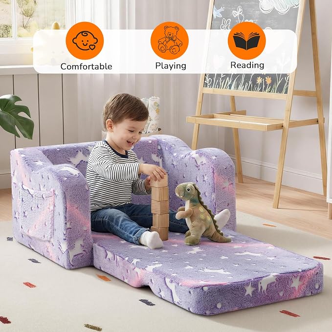 MeMoreCool Kids Couch, Glow Dark Purple Unicorn Fold Out Sofa Chair, Girls