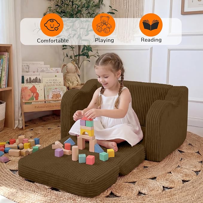 MeMoreCool Kids Sofa, 2-in-1 Corduroy Fold Out Recliner Chair, Brown