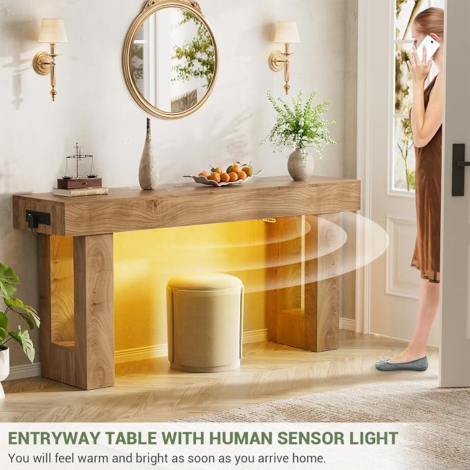 Unikito 63" Console Table with Sensor Light and Oulets, Natural Oak