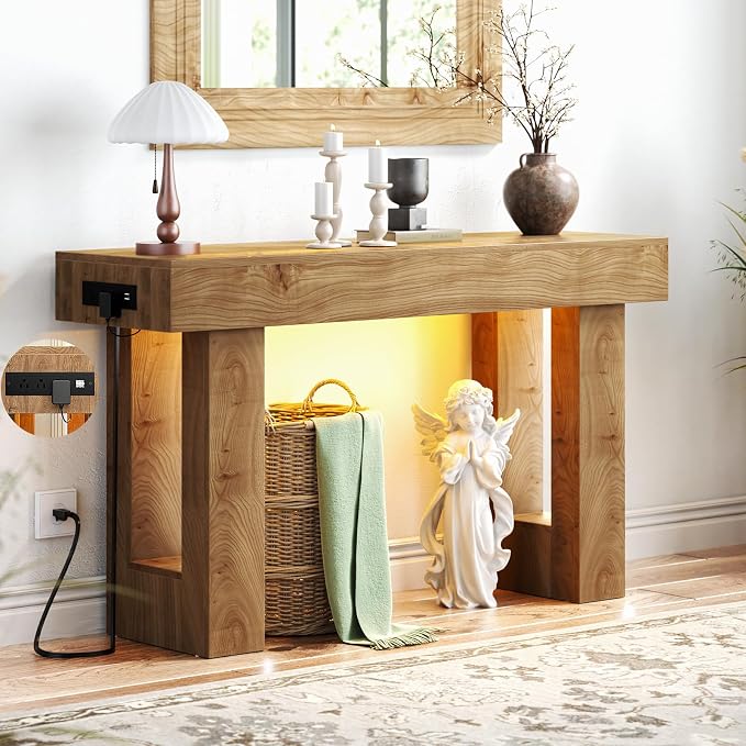 Unikito 47" Entryway Table with Socket & Sensor Light, Natural Oak