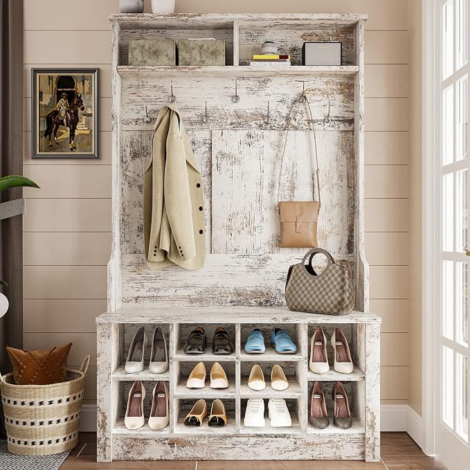 Itaar Hall Tree, Storage Bench, Shoe Rack for Entryway, Hall Tree with Bench and Adjustable Shoe Storage, Vintage White