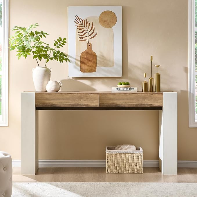 OKD 63" Console Table with Drawers, Thick Block Entryway Table, White
