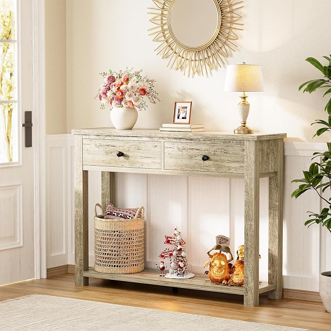 Homieasy Farmhouse Console Table with 2 Drawers, 32 Inch Small Sofa Table with Storage Shelf for Living Room, Behind Couch, Entryway Table for Hallway, Living Room, or Foyer, Light Rustic Oak