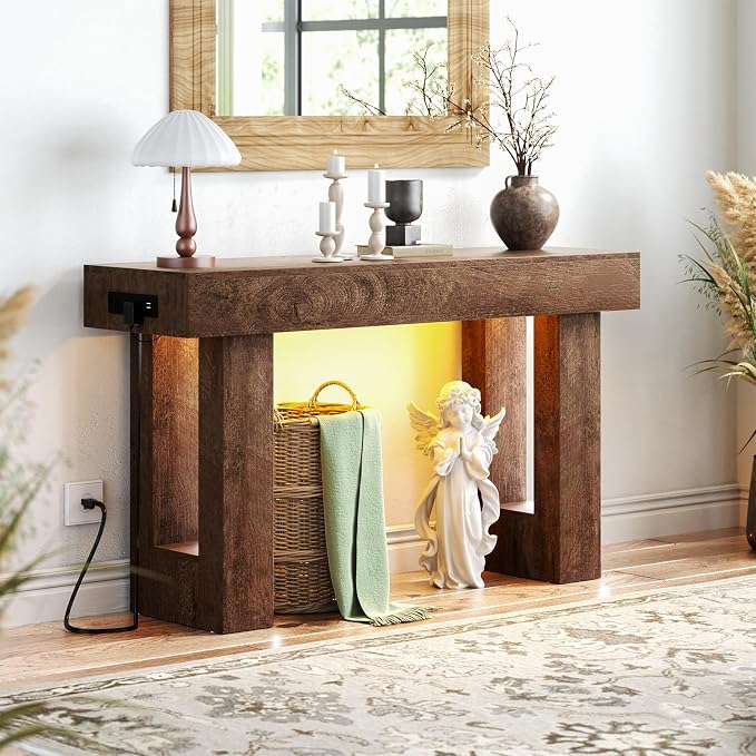 Unikito 47" Entryway Table with Socket & Sensor Light, Rustic Oak