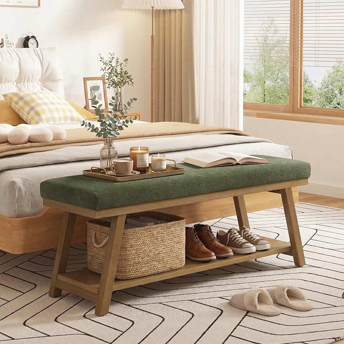 Zihanhome 45" Entryway Bench Upholstered Storage Bench for Bedroom(Green)