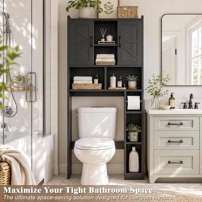Farmhouse Over The Toilet Storage Cabinet with Barn Door, Reversible Side | 7-Tier Bathroom Organizer, Adjustable Shelves Bottom Bar, Detachable Paper Holder, Anti-Tipping, Laundry Room, Black