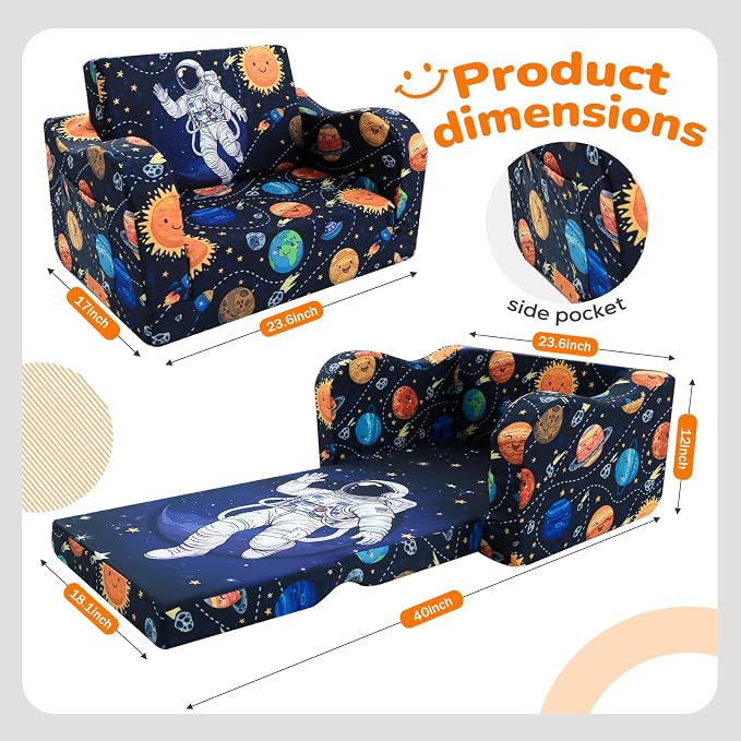 MeMoreCool Kids Couch, 2-in-1 Fold Out Sofa Armchair, Astronaut Print, Foam