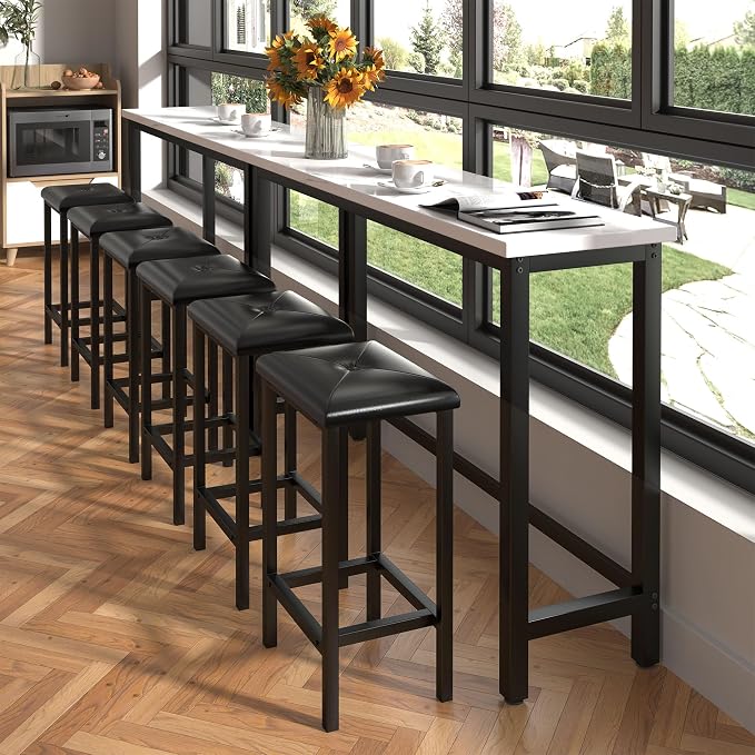 HUGROVE 4-Piece Bar Table and Chairs Set with 3 PU Upholstered Bar Stools, 60.2" Faux Marble Table Top, Modern Counter Height Table for Kitchen, Living Room, Party Room, Small Space, Pub (Black)