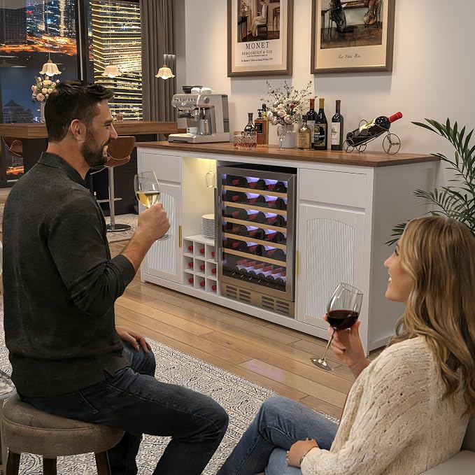 GDLF 78.7" Home Bar Cabinet with Fridge Space, Fluted Wine Liquor Bar,White