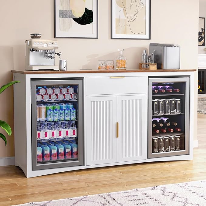 GDLF 70.1" Coffee Bar Cabinet with Fridge Space, Fluted Sideboard,White