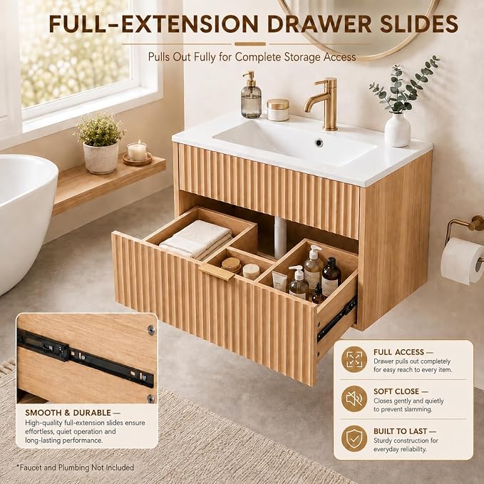 VINGLI 24 Inch Floating Bathroom Vanity with Sink, Wall-Mounted Natural Oak Cabinet with Fluted Drawer, Full-Extension Storage and Gold-Tone Handle