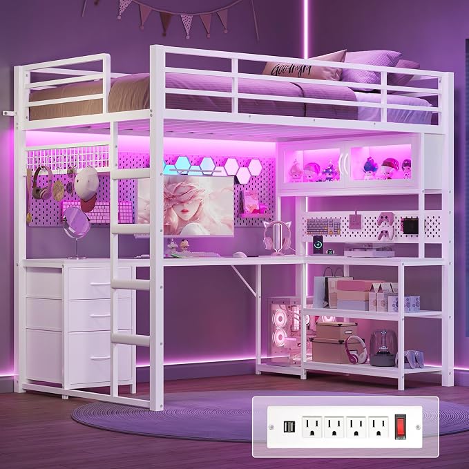 ADORNEVE Gaming Loft Bed Twin with Desk & RGB Arcylic Hutch, White