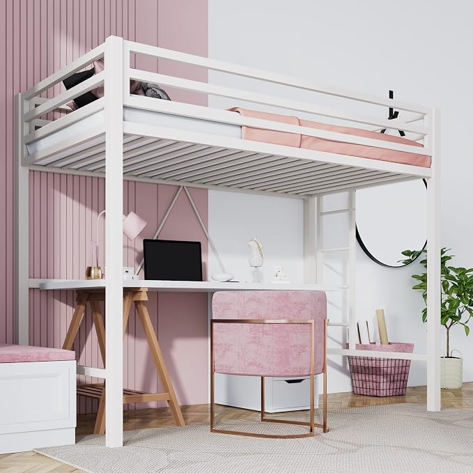 SHA CERLIN Loft Bed Twin Size with Ladder and Guardrail,White