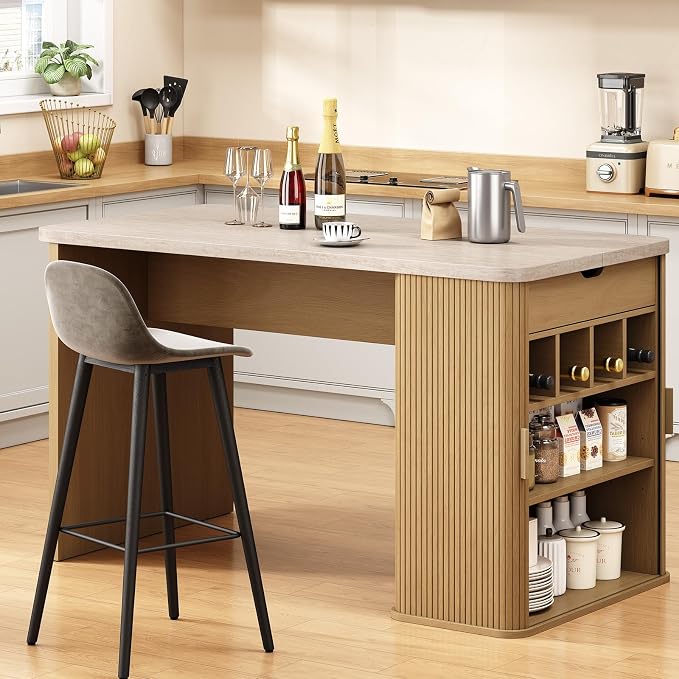 ONBRILL 61 Inch Fluted Kitchen Island with Storage Travertine Color