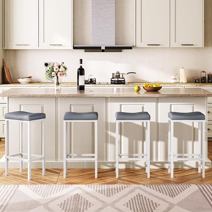 HOOBRO Bar Stools, Set of 2 Counter Height Saddle Chairs, 24.8 Inches, 2.4" Thick Upholstery, White and Gray WG10BY01