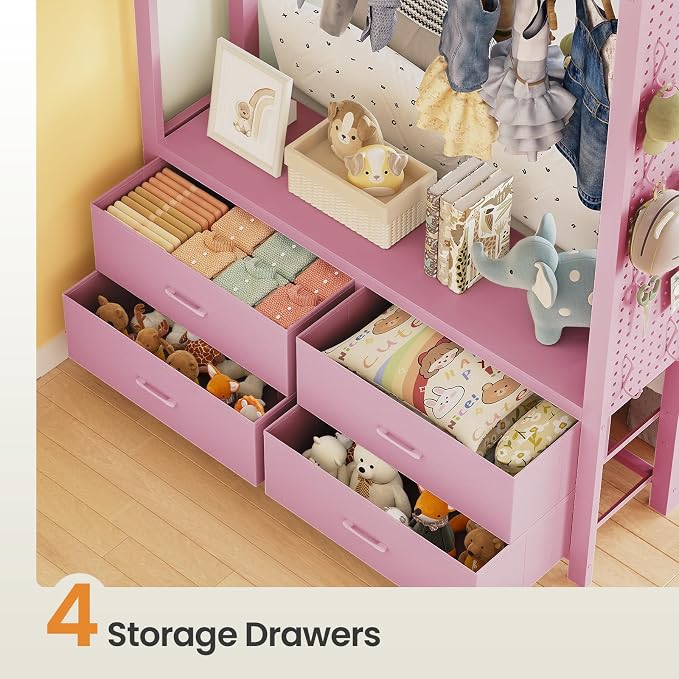 Itaar Metal Bunk Bed Twin Over Twin with Hall Tree, Power Outlet, LED Bunk Bed with 4 Storage Drawers, Bed with 13‘’ Safety Guardrail & Ladders for Kids and Teen, 400lb Weight Capacity, Pink
