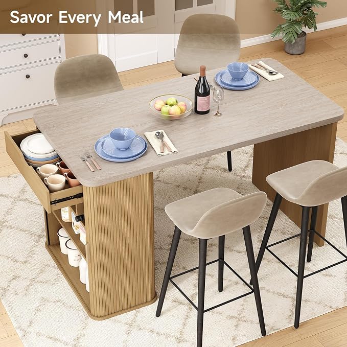 ONBRILL 61 Inch Fluted Kitchen Island with Storage Travertine Color