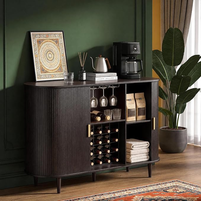 DHH 55" Wine Bar Cabinet with Storage, Fluted Liquor & Coffee Bar Cabinet with Wine Rack and Glass Holder, Buffet Sideboard with LED Lights for Home Kitchen Living Dining Room (Dark Walnut)