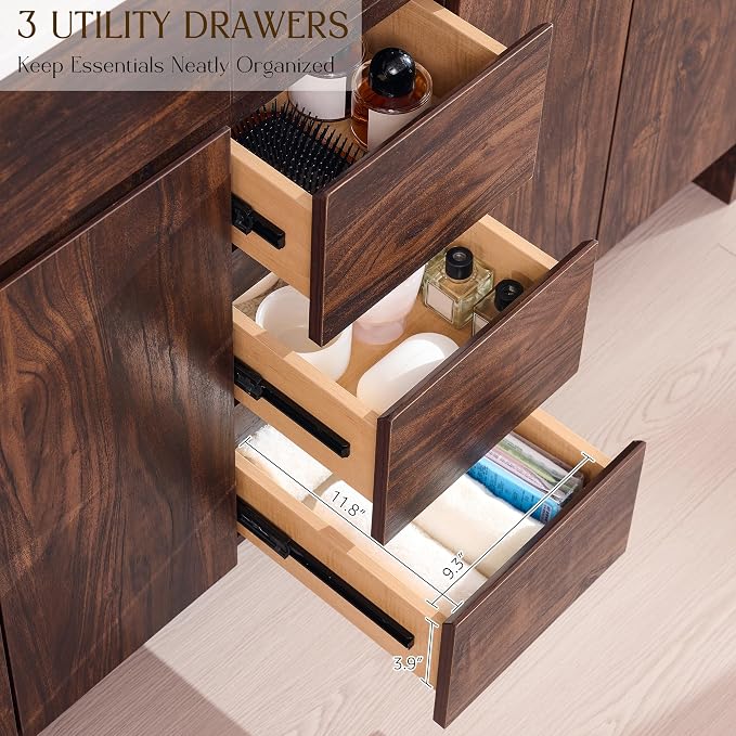 T4TREAM 60 Inch Modern Bathroom Vanity with Double Sink, Dark Walnut | Integrated Resin Sink, 4 Soft-Close Doors & 3 Drawers, Handle-Free Design, Thick Heavy-Duty Legs, Walnut Grain Finish