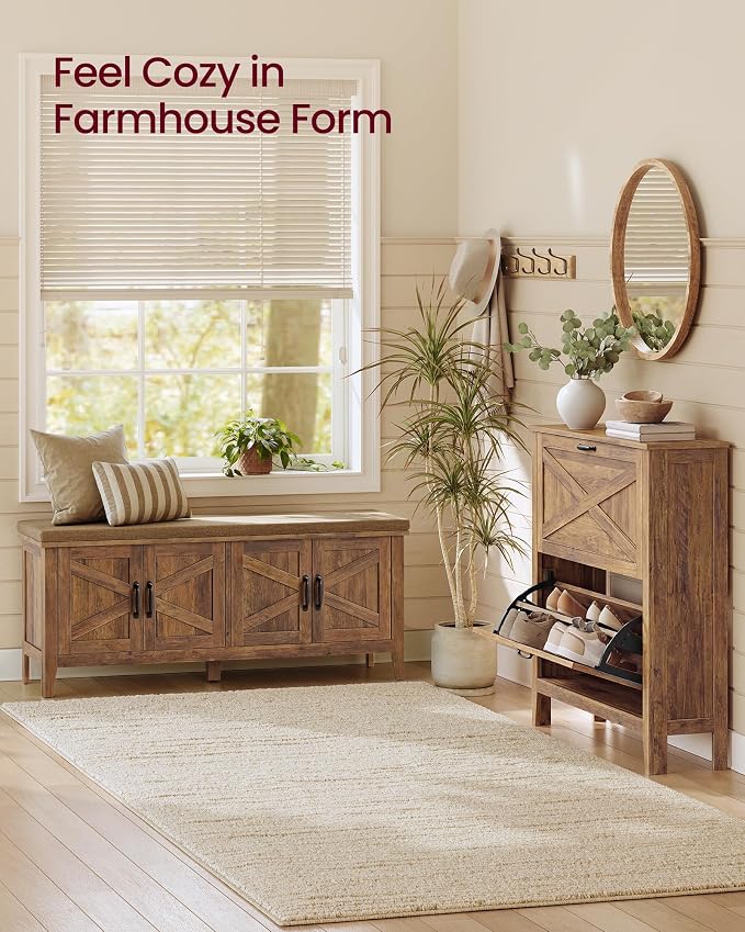 VASAGLE Shoe Bench, Farmhouse Entryway Bench with Cushion，47.2 inches Wide