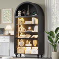 71" Tall Arch Bookcase, Modern Arched Storage Cabinet with Sensor LED Lights, 6-Tier Bookshelf with 2 Adjustable Shelves, Wood Display Cabinet for Living Room, Home Office (Black)