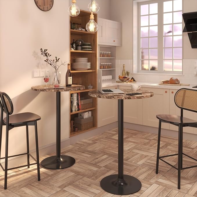Furmax Bistro Pub Table Round Bar Height Cocktail Table for Home Bar, Round Bar Tables for Party, Dining Room, Living Room and Wedding, Metal Base MDF Top, 40.6 Inch Height (2, Faux Marble)
