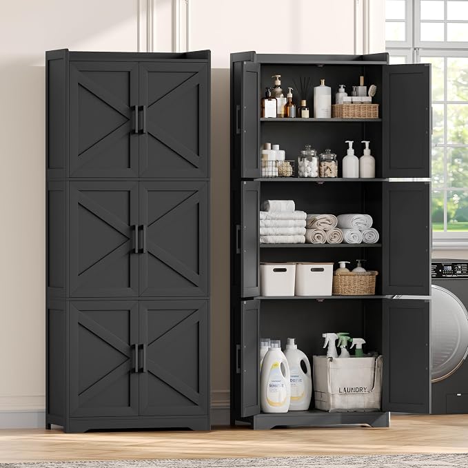 Akxomel Tall Bathroom Floor Cabinet with 6 Barn Door 60.2''H Pantry Black | 11.6''D x 22.6''W Linen Storage Cabinet with Adjustable Shelves, for Kitchen, Living Room, Entryway