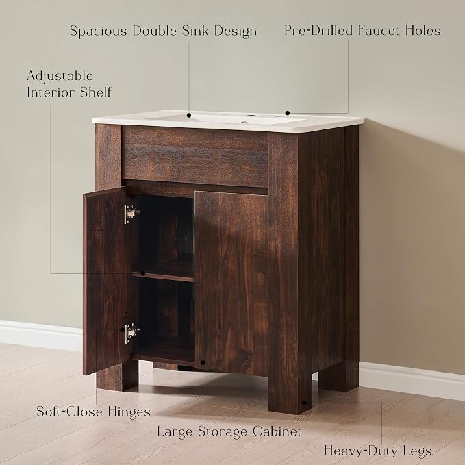 T4TREAM 30 Inch Bathroom Vanity with Sink, Modern Single Sink Bathroom Vanity, Small Bathroom Cabinet with Handle-Free Design, Dark Walnut