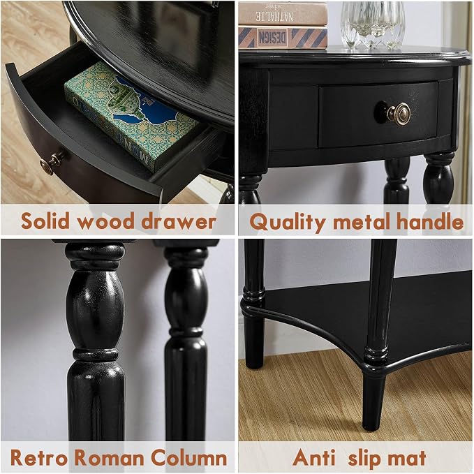 Half Moon Console Table Solid Wood Vintage Entryway Table with Storage Drawer Small Hallway Table for Entryway Half Round Foyer Tables Walnut Entry Way Tables For Entrance (Black, W-31.5")