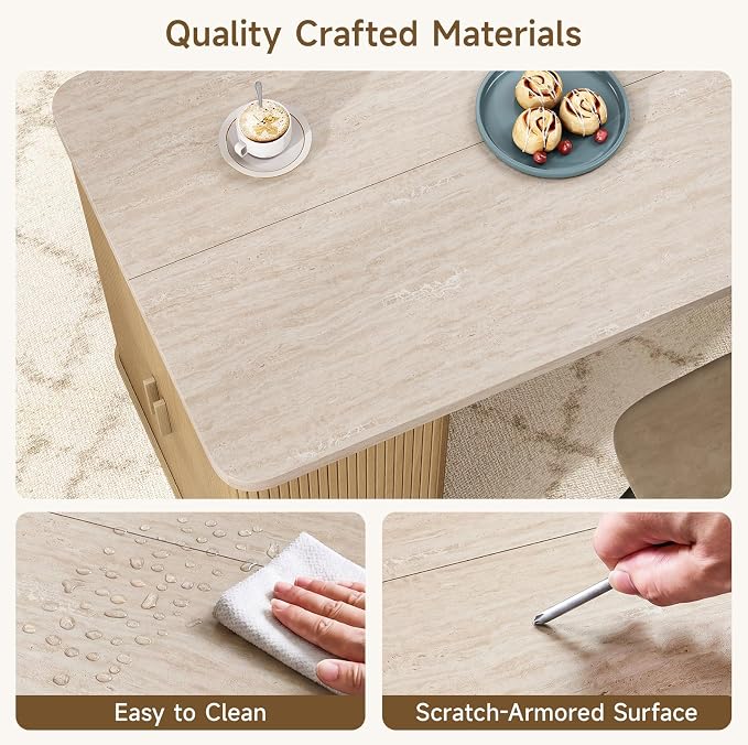 ONBRILL 61 Inch Fluted Kitchen Island with Storage Travertine Color