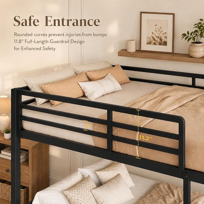 Feonase Metal Bunk Bed Full Over Full with Ladder and High Guardrail, Heavy-Duty Metal Slats Support, Noise Free, No Box Spring Needed, for Kids and Juniors, Black