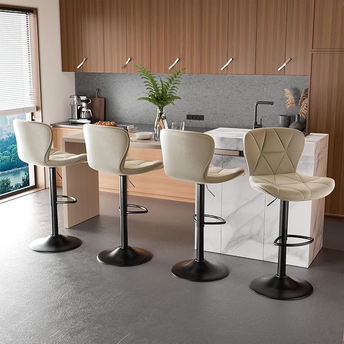 Nalupatio Modern Bar Stools Set of 4, Adjustable Faux Leather Upholstered Swivel Bar Stools, Counter Height Bar Chairs with Back for Kitchen Island, Khaki
