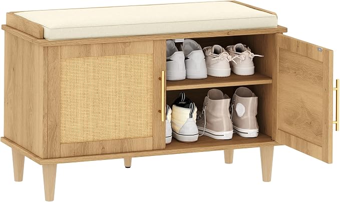 Akxomel 31.5" Rattan Shoe Storage Bench 2 Doors Wooden Entryway Bench Oak