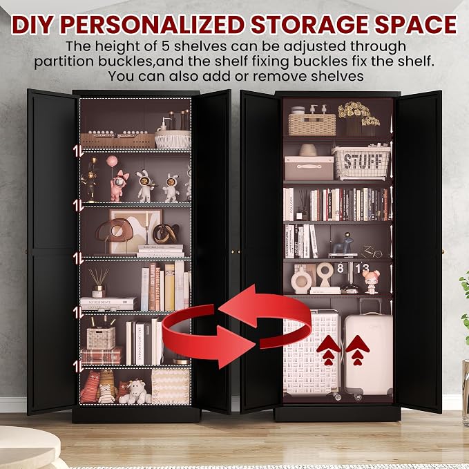 AQY Metal Pantry Cabinet, 72" Black Kitchen Storage Cabinet with Doors | 5 Adjustable Shelves Freestanding Storage Metal Cabinet Kitchen & Living Room Organization