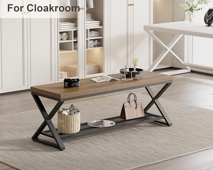 LVB Entryway Bench, Indoor Shoe Bench with Storage & Seating Rustic Oak 47"