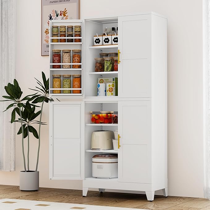 GAIOUS 74.8" Tall Metal Food Cabinet, White Kitchen Pantry Cabinet | Storage Cabinets with 4 Door and 4 Adjustable Shelves, Steel Freestanding Cupboard for Kitchen Dining Living Room Bathroom
