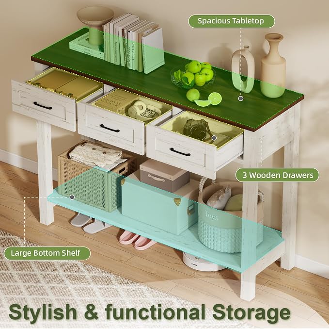 YOSHOOT 45" Farmhouse Entryway Console Table, Desk Behind the Couch with 3 Drawers and 2-Tier Shelves, Narrow Sofa Table for Hallway, Bedroom, Living Room, White Brown