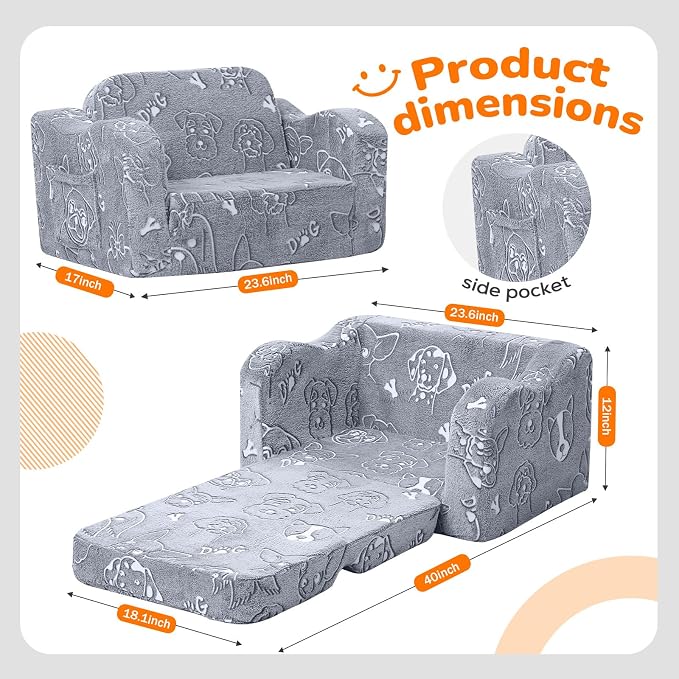MeMoreCool Kids Couch, Glow Dark Dog Fold Out Sofa Chair, Foam, Washable