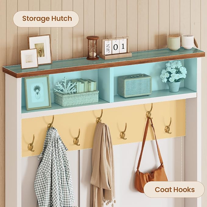 Itaar Hall Tree with Bench and Shoe Storage, 3-in-1 Entryway Bench with Coat Rack, Hall Tree with Adjustable Shoe Storage and Hanging Hooks, White and Brown (White and Brown)